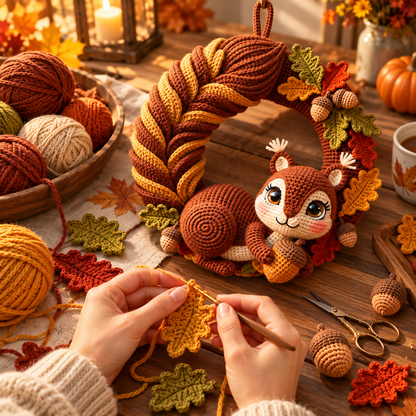 Squirrel Wreath Crochet Pattern PDF – Woodland Fall Wreath with Acorns