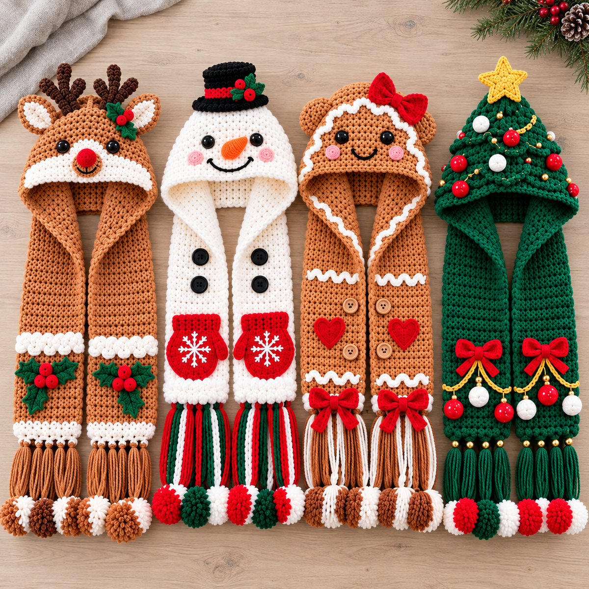 Christmas Hooded Scarf Crochet Pattern Bundle PDF – 4 Holiday Characters