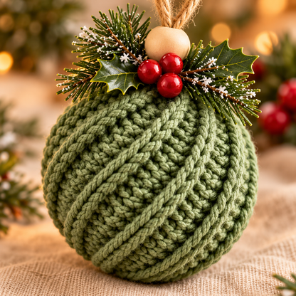 Crochet Christmas Ornament Pattern PDF, Twisted Rib Bauble, Wooden Bead & Linen Bow