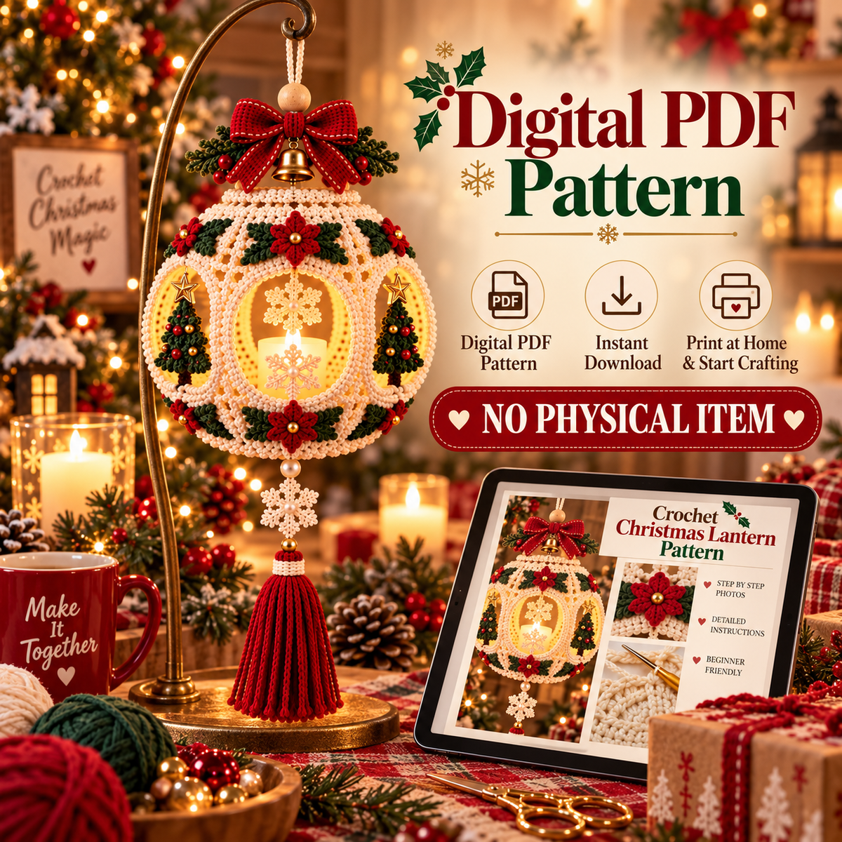 Crochet Christmas Lantern Pattern PDF – Light Up Hanging Holiday Decor
