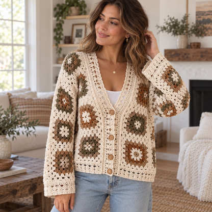 Floral Granny Square Cardigan Crochet Pattern PDF – Boho Sweater