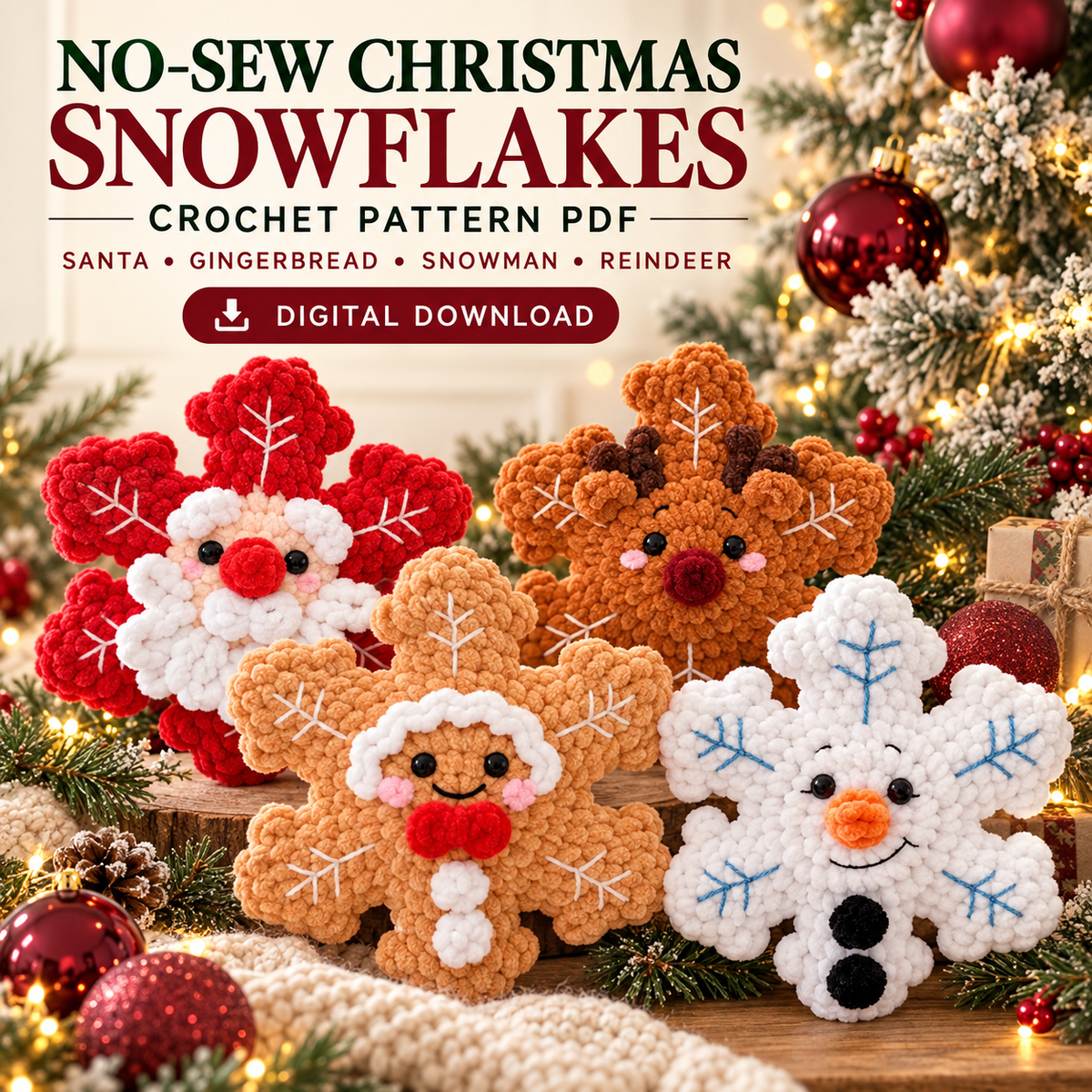 No Sew Crochet Snowflake Pattern PDF, Christmas Amigurumi Santa Reindeer Snowman Gingerbread