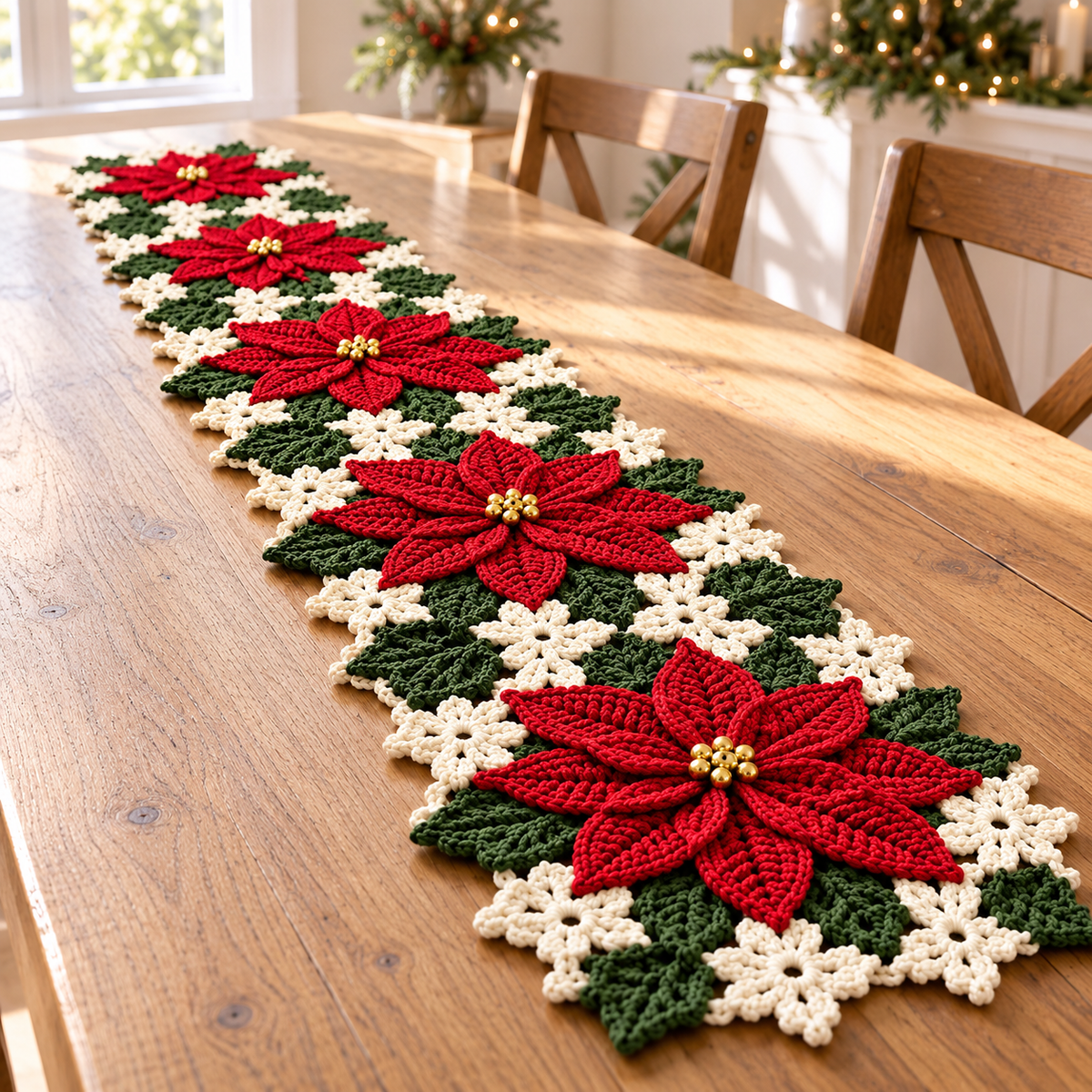 Poinsettia Crochet Table Runner Pattern PDF – Christmas Floral Table Decor