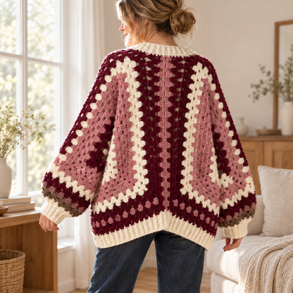 Oversized Hexi Cardigan Crochet Pattern, Granny Stitch Colour Block Sweater PDF, XS–5XL