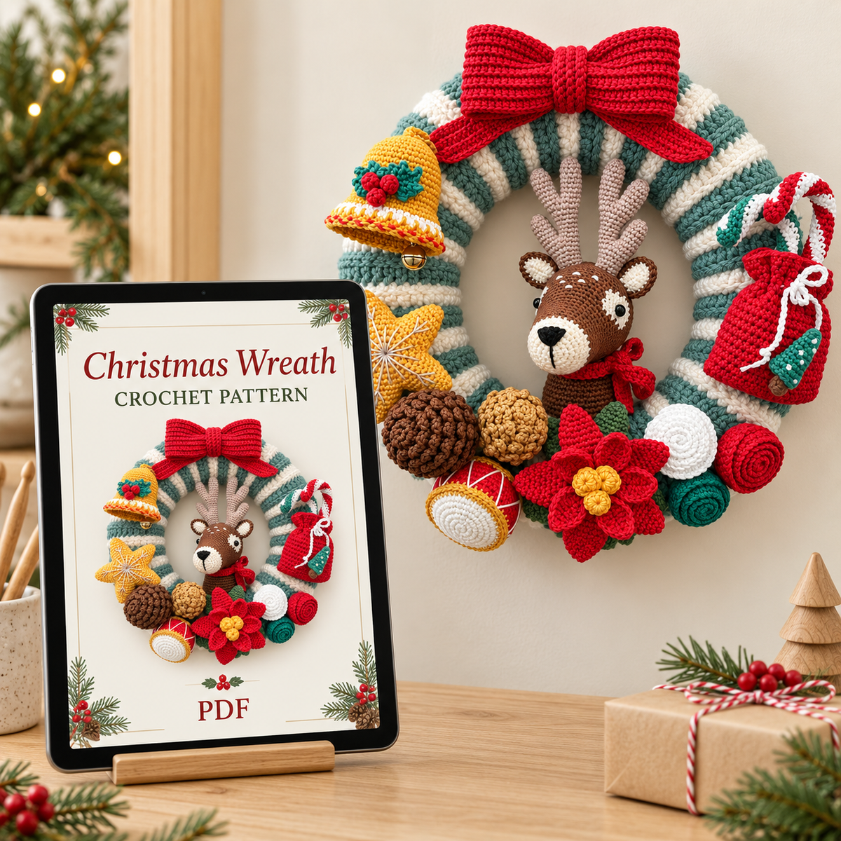 Crochet Christmas Wreath Pattern PDF – Reindeer & Holiday Ornaments