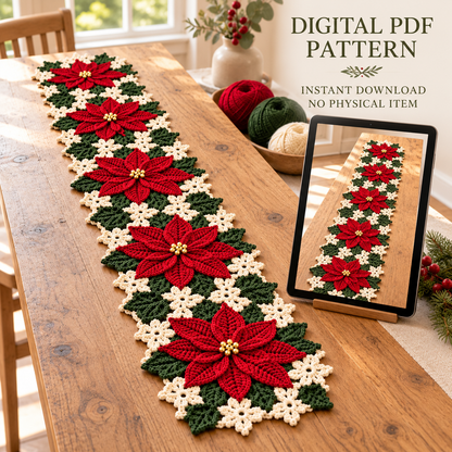 Poinsettia Crochet Table Runner Pattern PDF – Christmas Floral Table Decor