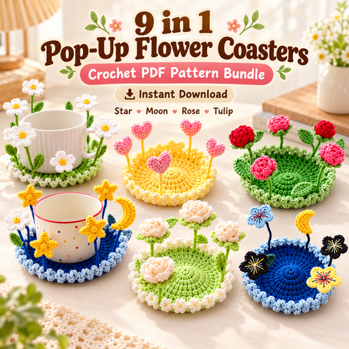 9-in-1 Pop Up Flower Coaster Crochet Pattern PDF – Floral & Holiday Designs