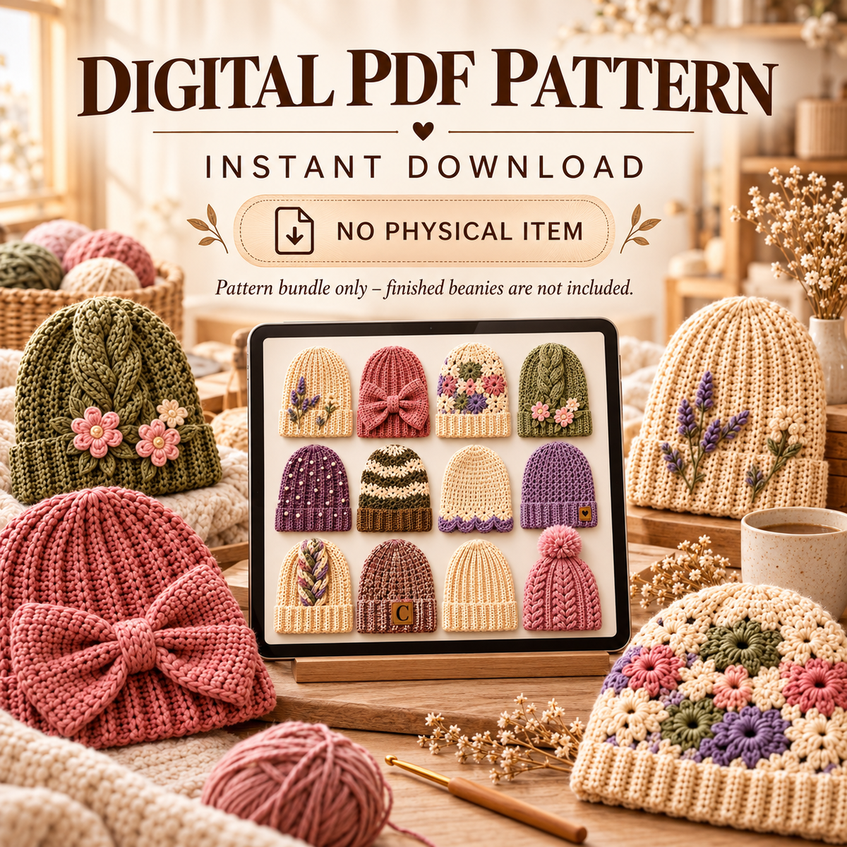 12 Crochet Beanie Patterns Bundle PDF – Chunky, Ribbed, Floral & Bow Hats