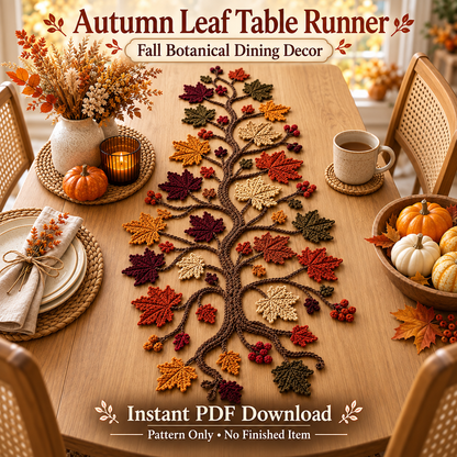 Autumn Leaf Table Runner Crochet Pattern PDF – Fall Botanical Dining Decor