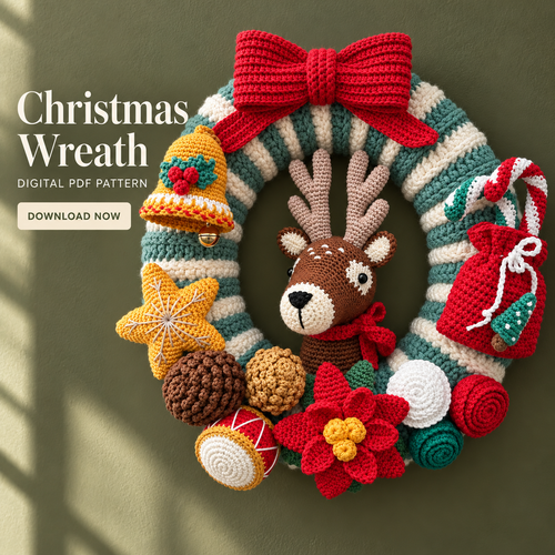 Crochet Christmas Wreath Pattern PDF – Reindeer & Holiday Ornaments