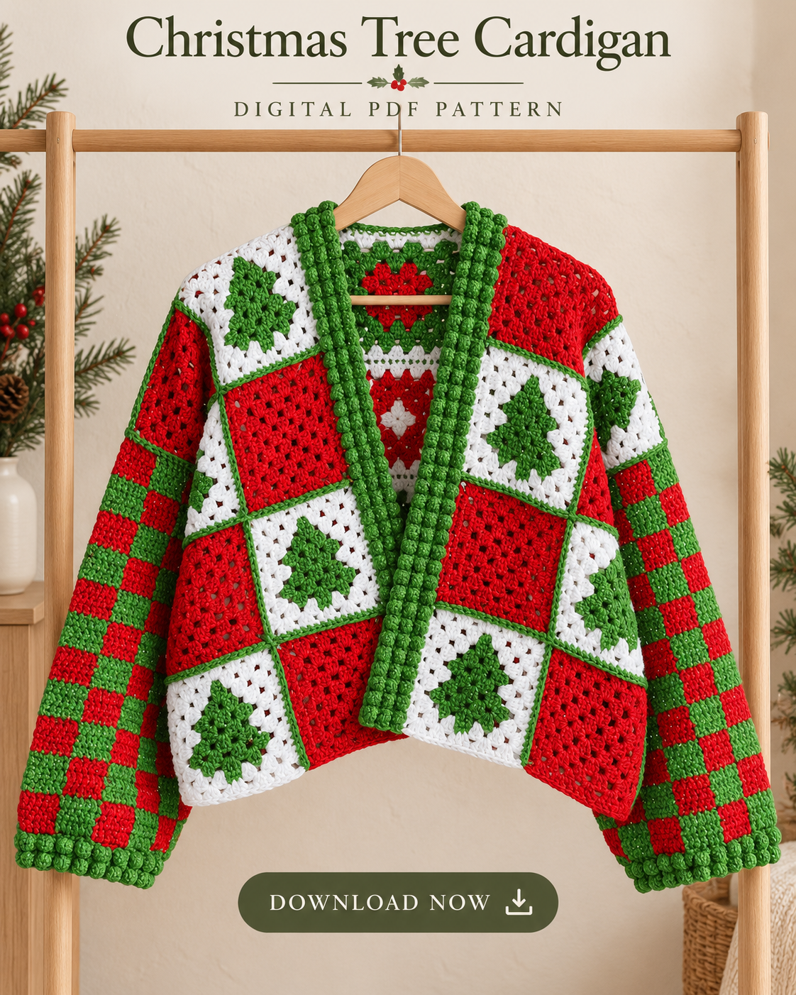 Christmas Crochet Cardigan Pattern PDF – Beginner Holiday Sweater