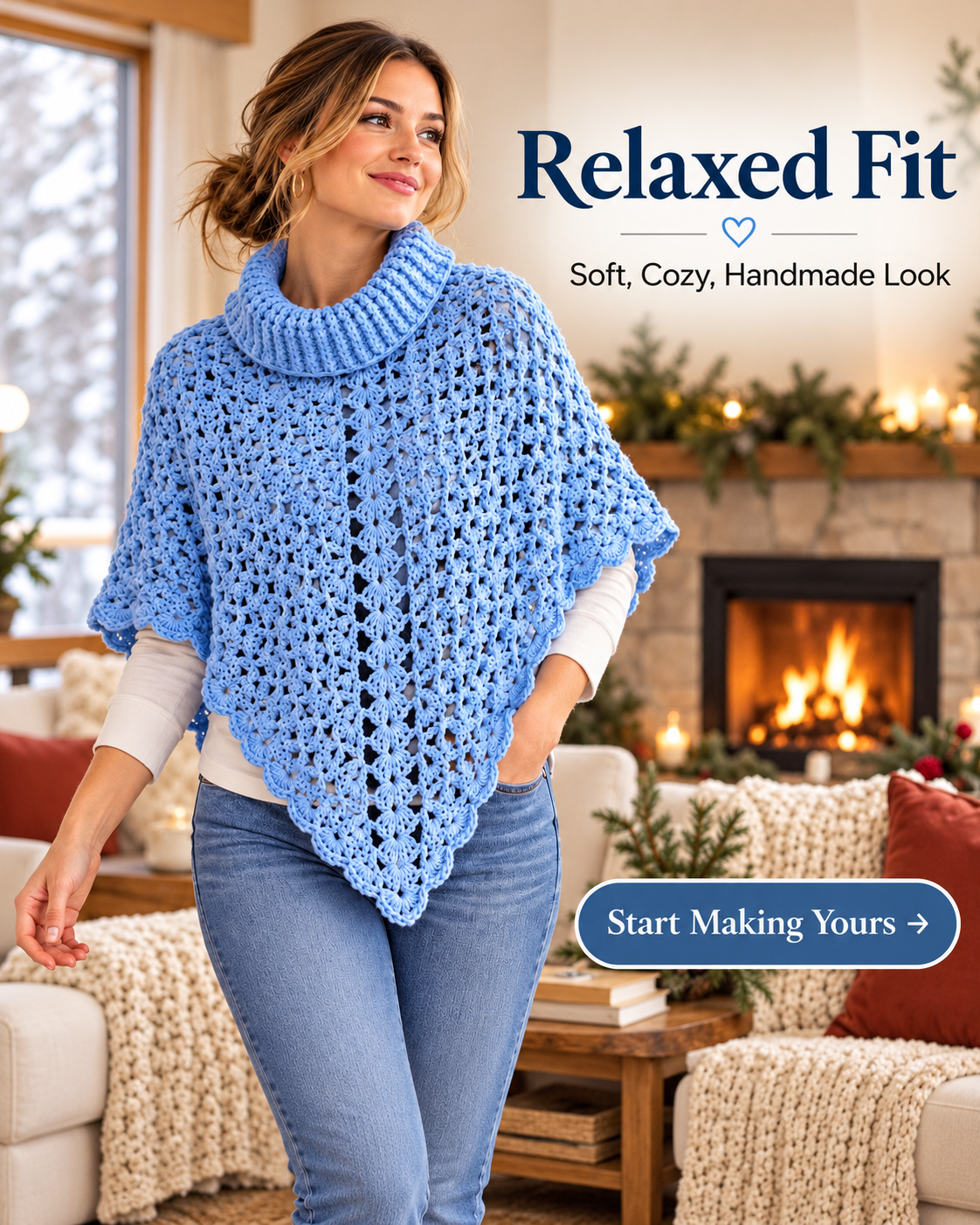 Crochet Turtleneck Poncho Pattern PDF – Lace Poncho for Women