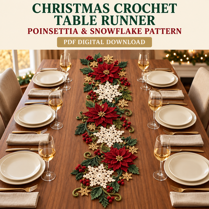 Christmas Crochet Table Runner Pattern – Poinsettia & Snowflake Holiday Decor PDF