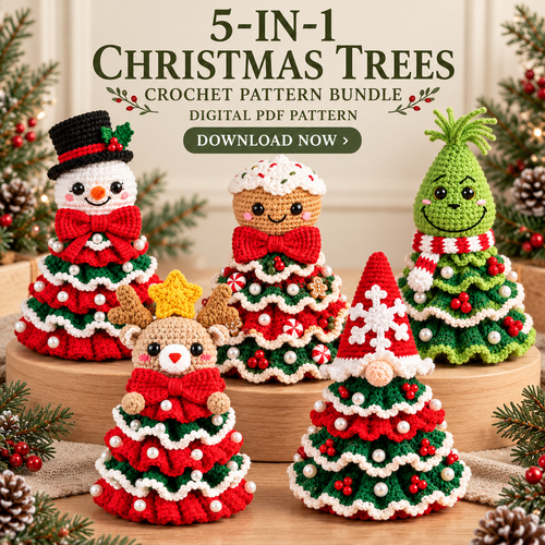 5-in-1 Christmas Tree Crochet Pattern Bundle PDF – Reindeer, Snowman & More