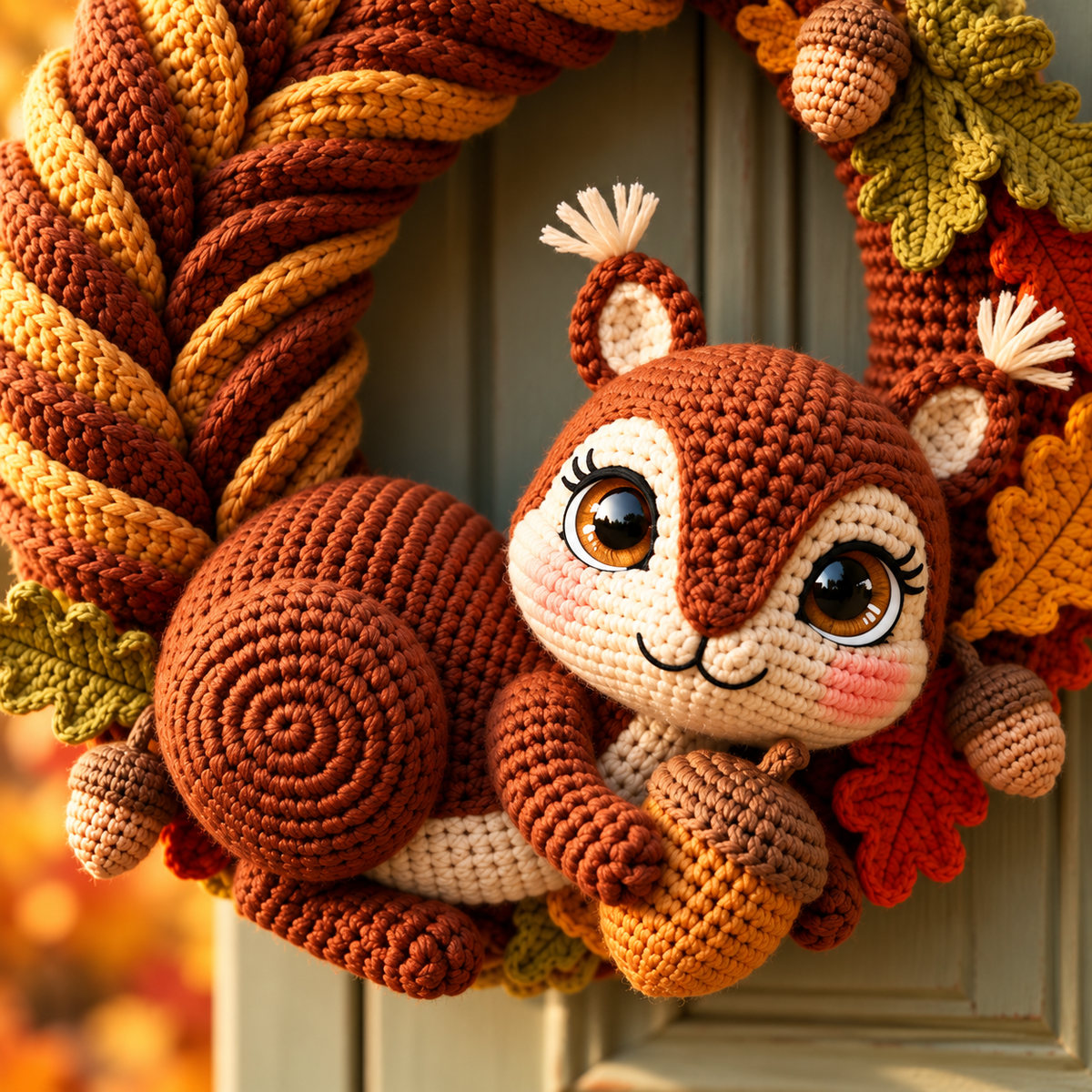 Squirrel Wreath Crochet Pattern PDF – Woodland Fall Wreath with Acorns