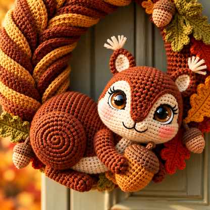 Squirrel Wreath Crochet Pattern PDF – Woodland Fall Wreath with Acorns