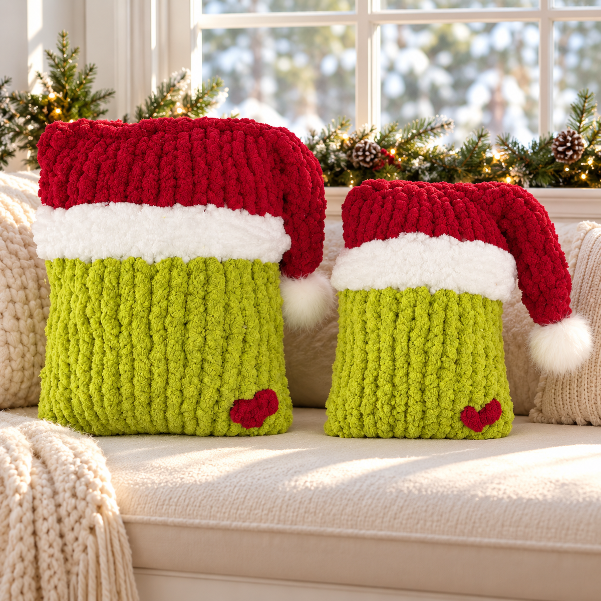 Grinch Christmas Pillow Pattern PDF – Chunky Hand Knit Santa Pillow