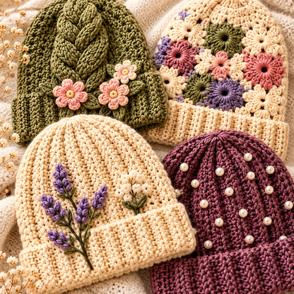 12 Crochet Beanie Patterns Bundle PDF – Chunky, Ribbed, Floral & Bow Hats