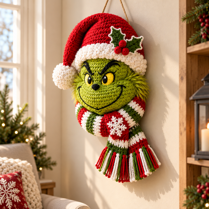 Grinch Crochet Pattern PDF – Christmas Door Wreath & Holiday Door Hanger