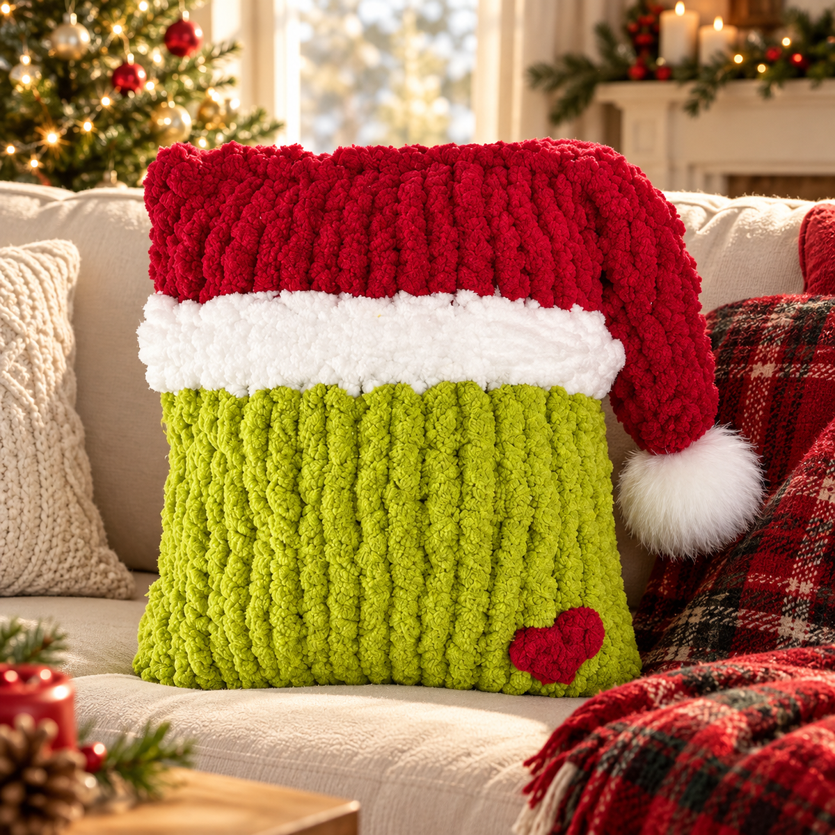 Grinch Christmas Pillow Pattern PDF – Chunky Hand Knit Santa Pillow