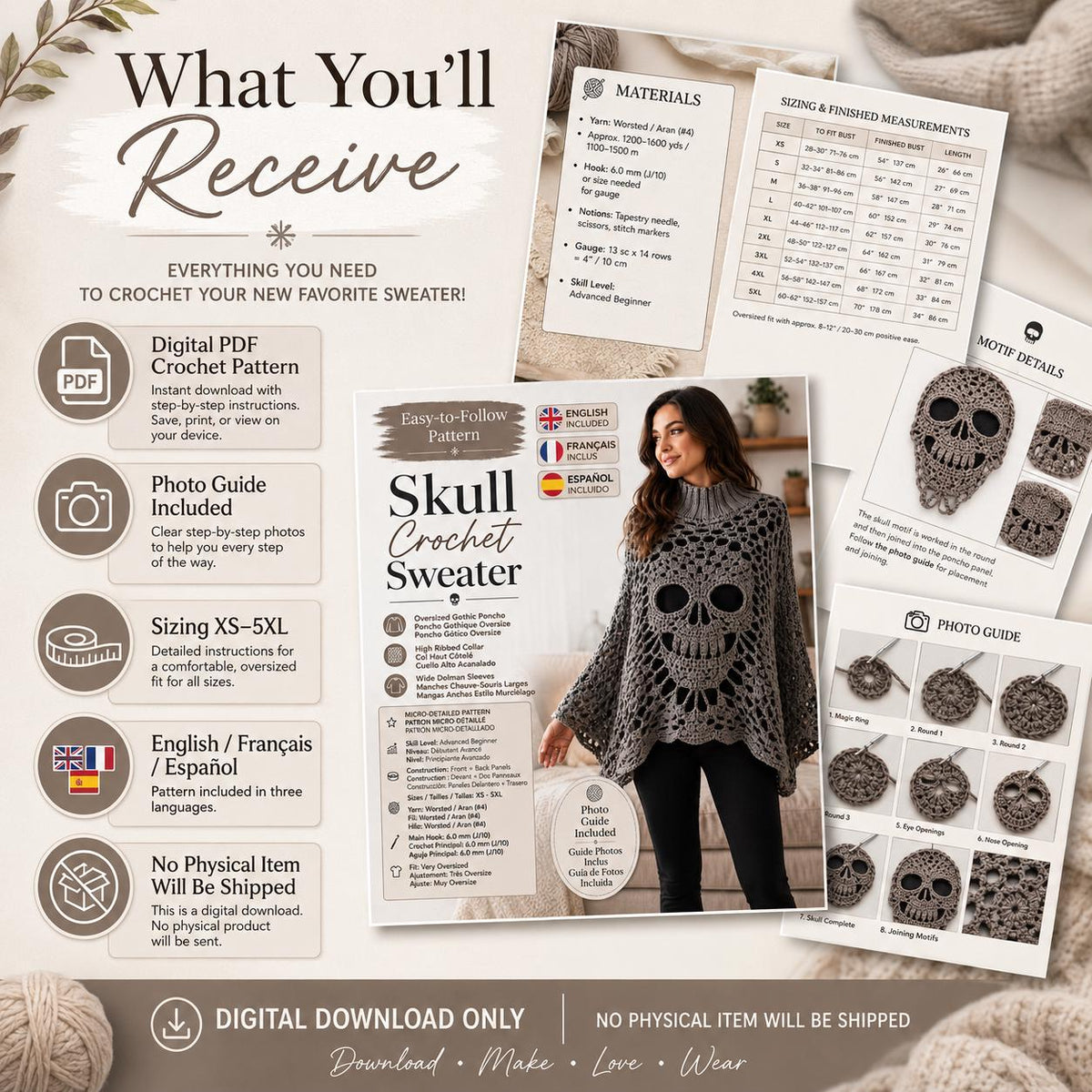 Skull Lace Poncho Crochet Pattern PDF | Step-by-Step Gothic Sweater Tutorial | Halloween Skull Top
