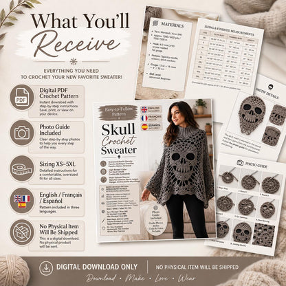 Skull Lace Poncho Crochet Pattern PDF | Step-by-Step Gothic Sweater Tutorial | Halloween Skull Top