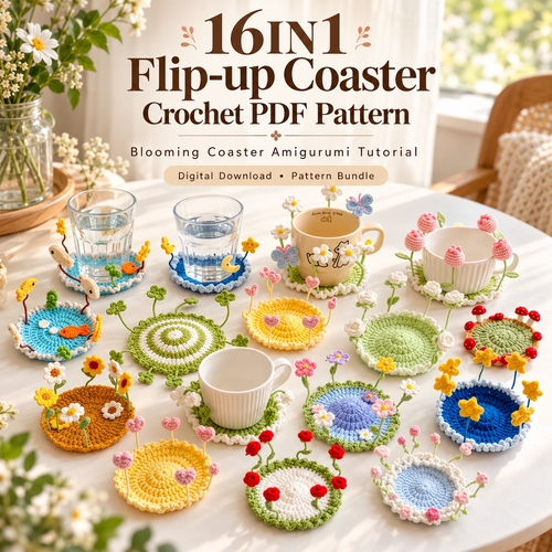 Crochet Pop Up Coaster Pattern Bundle PDF – 16 Flower, Mushroom & 3D Designs