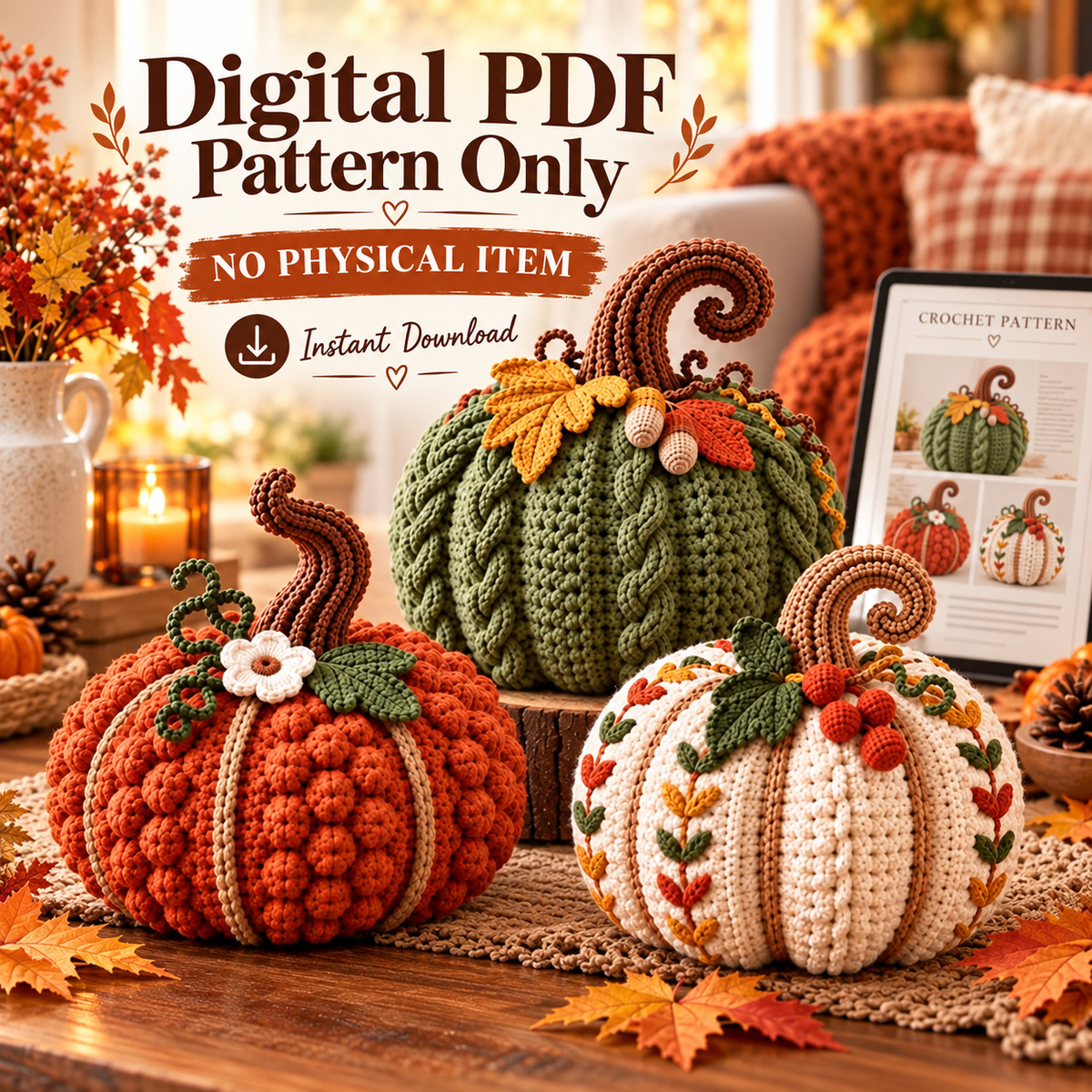 Crochet Pumpkin Trio Pattern PDF – 3 Textured Fall Pumpkins with Bobbles & Cables