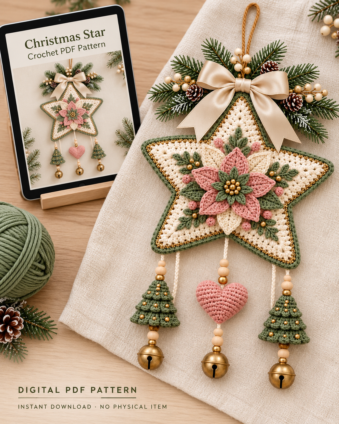 Crochet Christmas Star Door Hanging Pattern PDF – Poinsettia & Bells