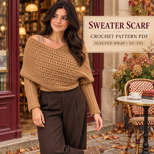 Crochet Sweater Scarf Pattern PDF, Sleeved Wrap Crochet Pattern, Adult XS–5XL