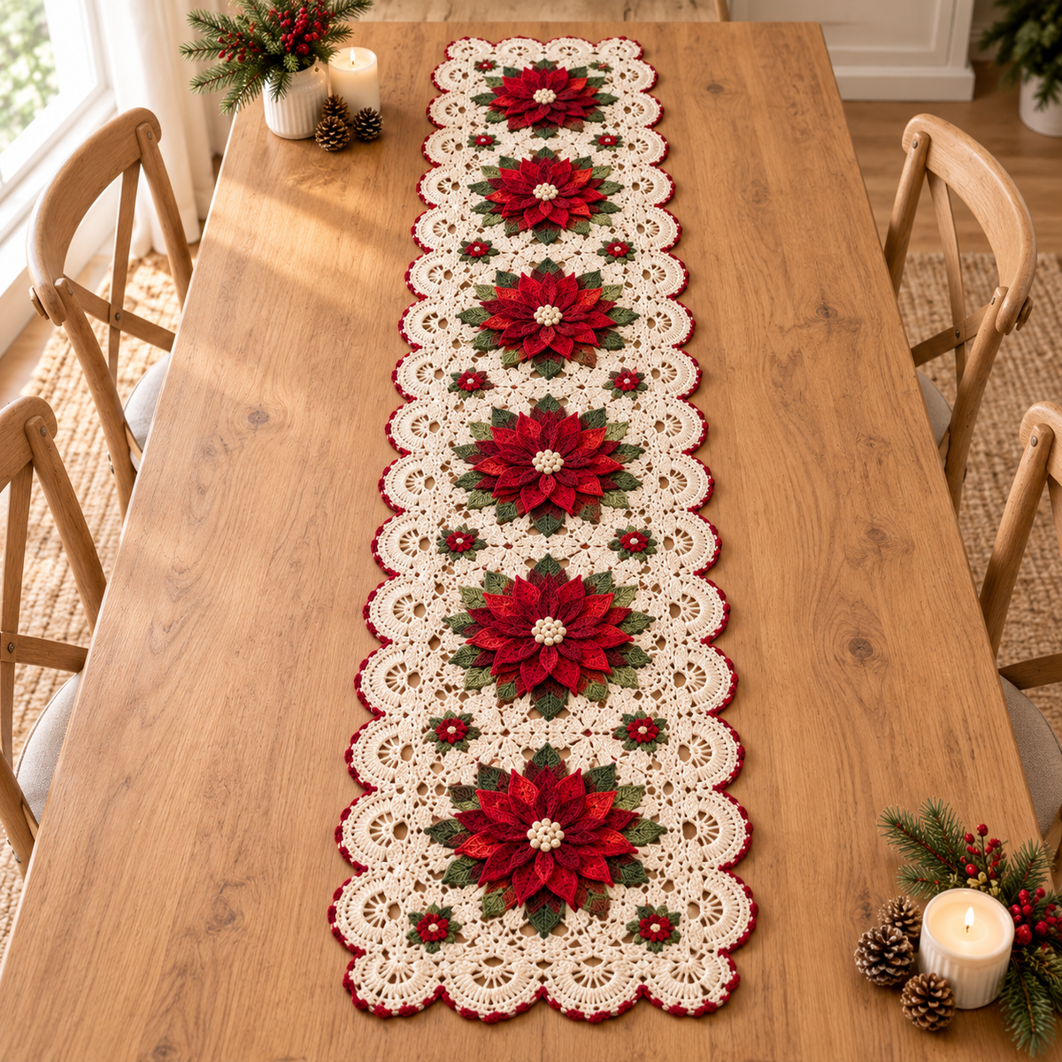Christmas Poinsettia Crochet Table Runner Pattern – Holiday Lace Decor PDF
