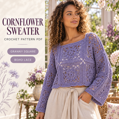 Cornflower Sweater Crochet Pattern PDF – Granny Square Lace Boho Pullover