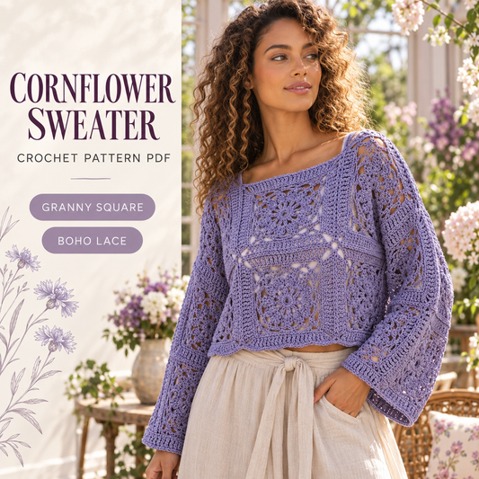 Cornflower Sweater Crochet Pattern PDF – Granny Square Lace Boho Pullover