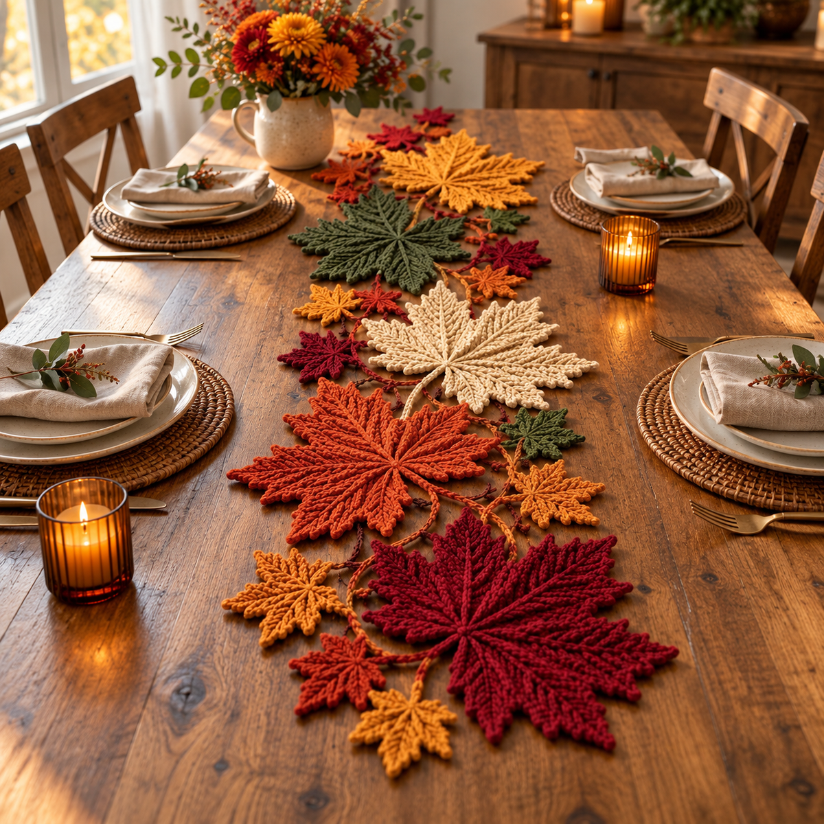 Maple Leaf Crochet Table Runner Pattern PDF – Autumn Botanical Decor
