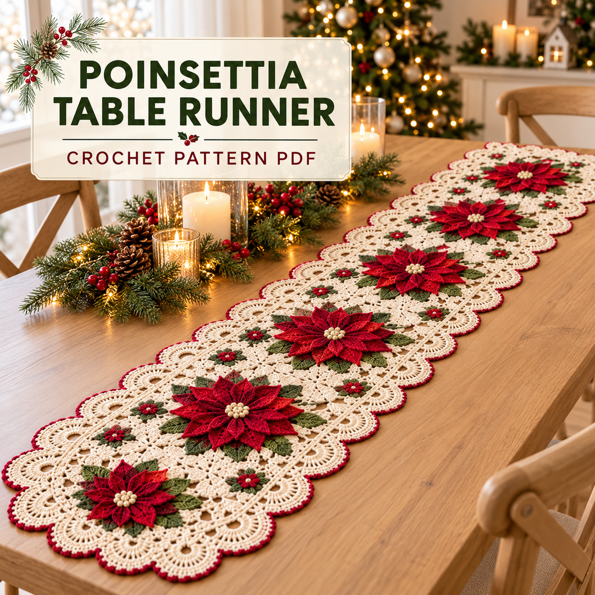 Christmas Poinsettia Crochet Table Runner Pattern – Holiday Lace Decor PDF