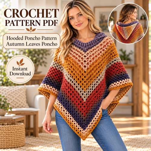 Autumn Leaves Crochet Hooded Poncho Pattern PDF – Colorful Fall Poncho