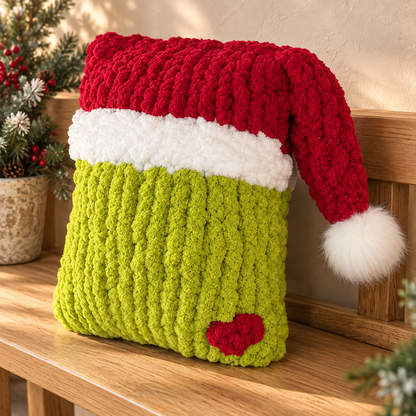 Grinch Christmas Pillow Pattern PDF – Chunky Hand Knit Santa Pillow