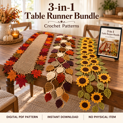3-in-1 Crochet Table Runner Pattern Bundle PDF – Fall Leaves & Sunflowers