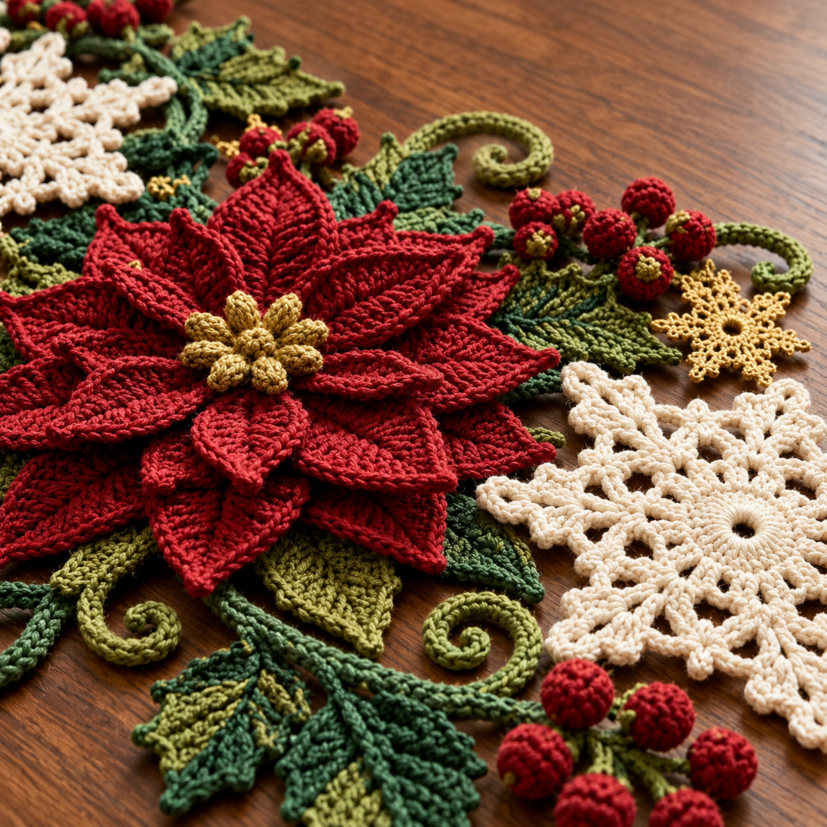 Christmas Crochet Table Runner Pattern – Poinsettia & Snowflake Holiday Decor PDF