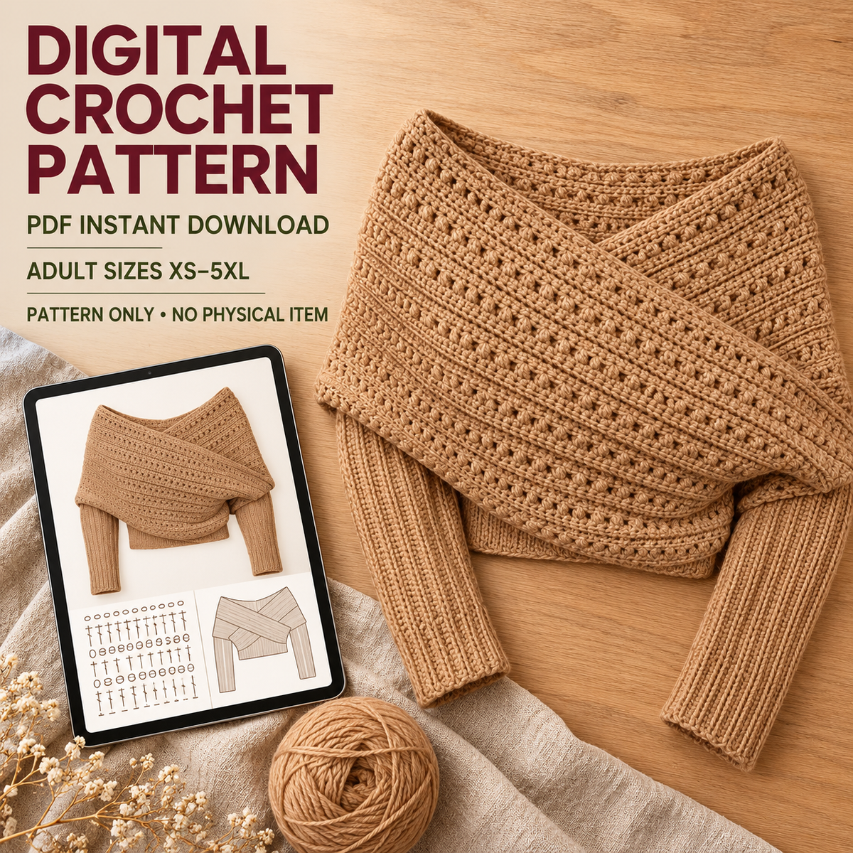 Crochet Sweater Scarf Pattern PDF, Sleeved Wrap Crochet Pattern, Adult XS–5XL
