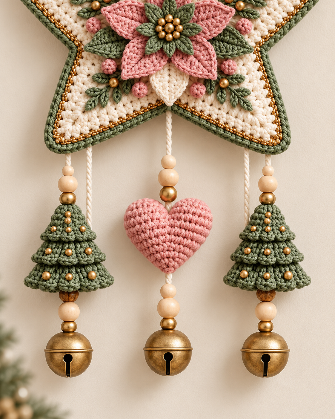 Crochet Christmas Star Door Hanging Pattern PDF – Poinsettia & Bells