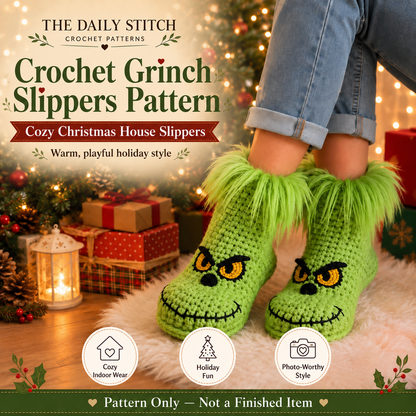 Green Christmas Slippers Crochet Pattern PDF – Cozy Holiday House Slippers