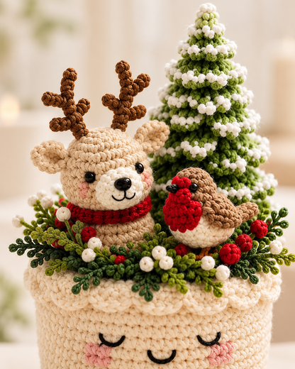3 Christmas Crochet Pot Patterns PDF – Tree, Poinsettia & Reindeer