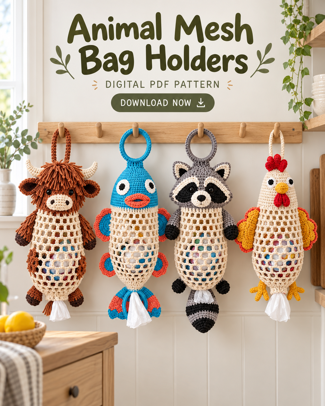 Animal Crochet Plastic Bag Holder Patterns PDF – Cow, Chicken, Fish & Raccoon