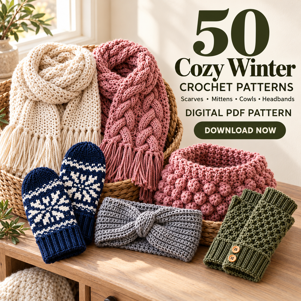 50 Winter Crochet Patterns Bundle PDF – Scarves, Mittens, Cowls & More