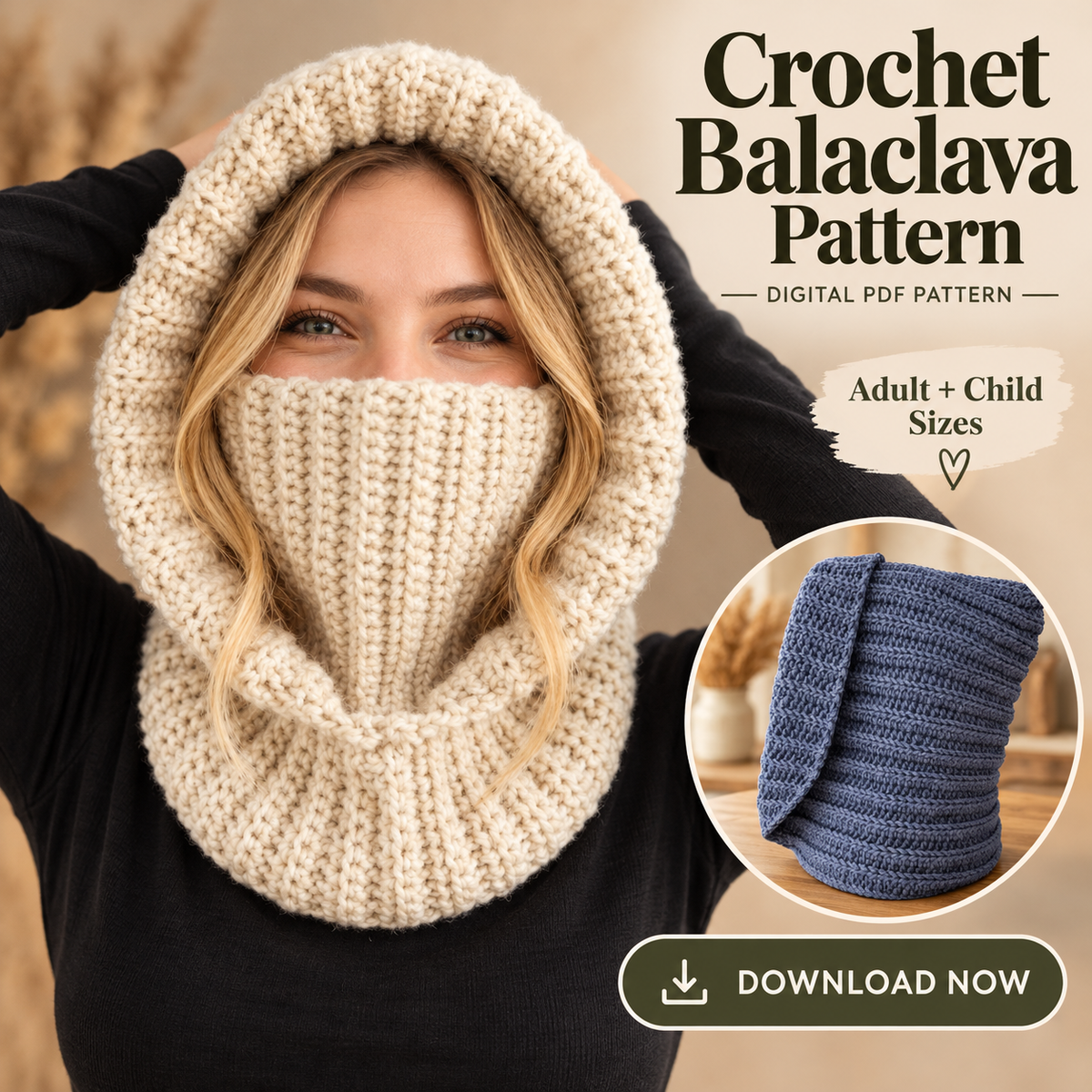 Crochet Balaclava Hooded Cowl Pattern PDF – Adult & Child Sizes