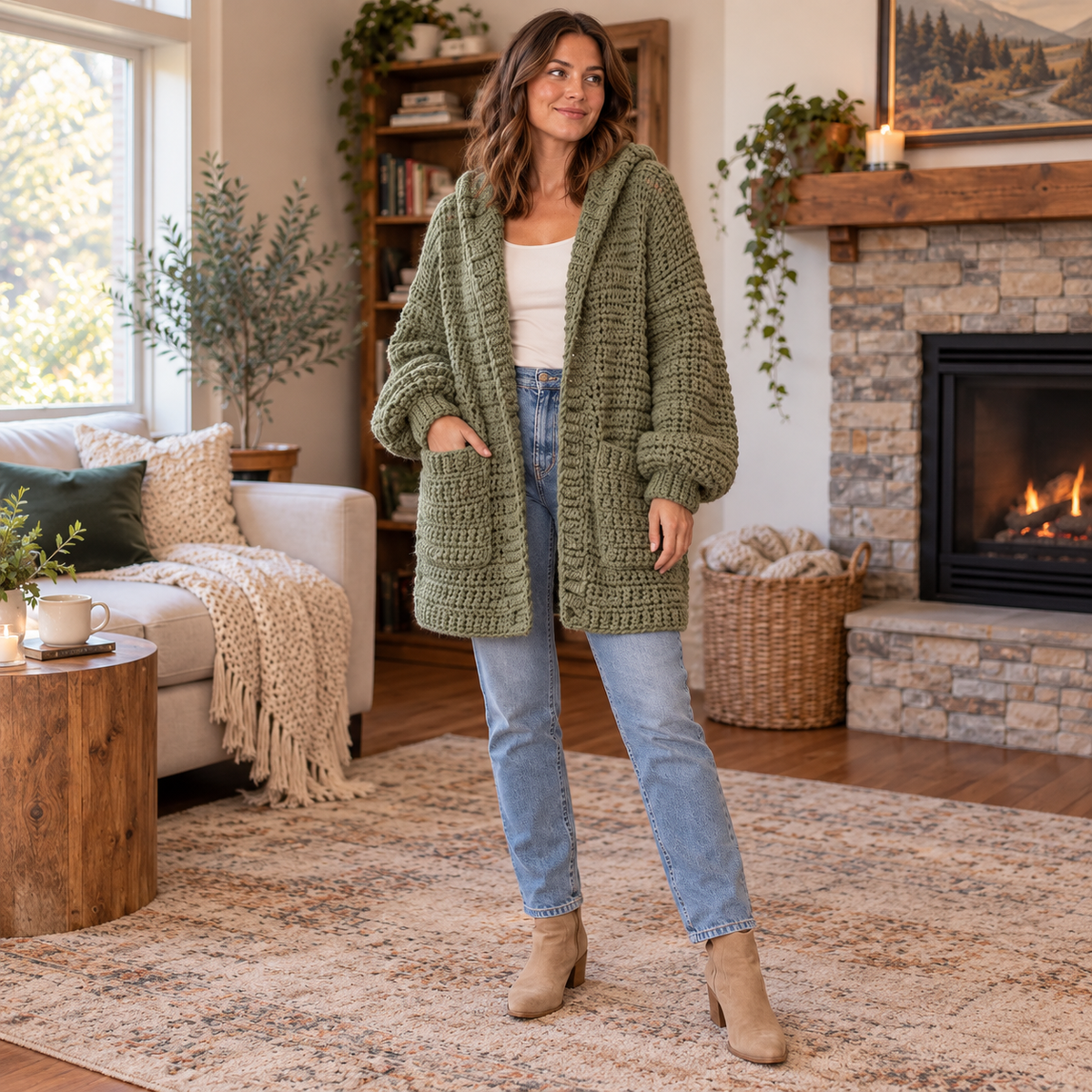 Chunky Crochet Cardigan Pattern PDF | Oversized Hooded Jacket with Pockets