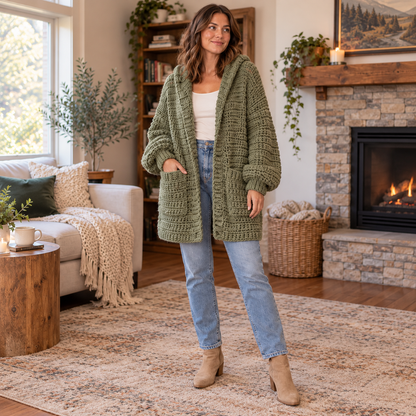 Chunky Crochet Cardigan Pattern PDF | Oversized Hooded Jacket with Pockets