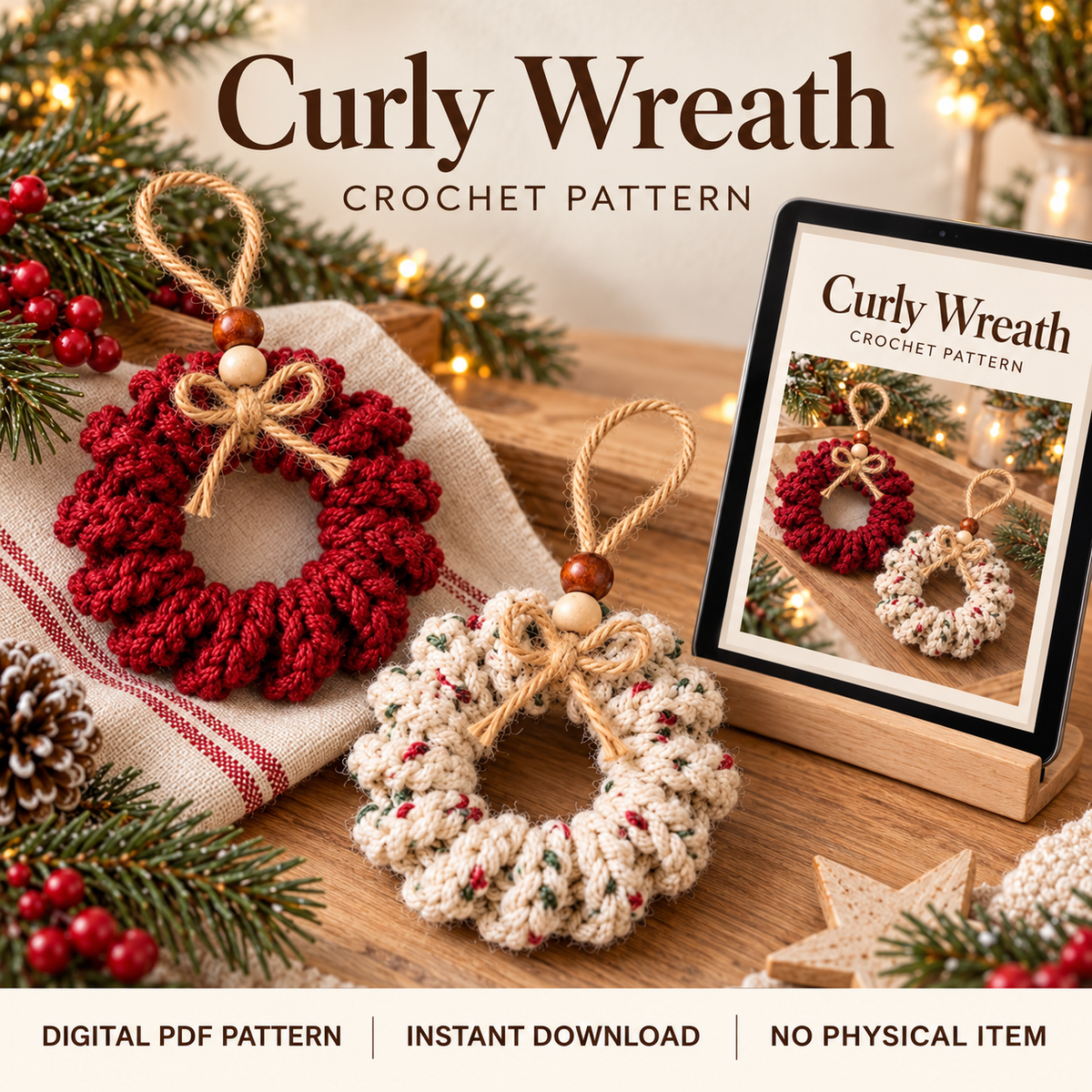 Curly Christmas Wreath Crochet Pattern PDF – Mini Tree Ornament
