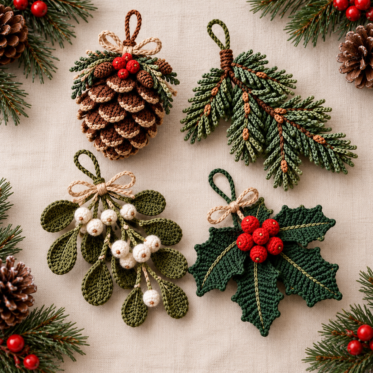 Christmas Crochet Ornament Pattern Bundle PDF – Pinecone, Holly & Mistletoe